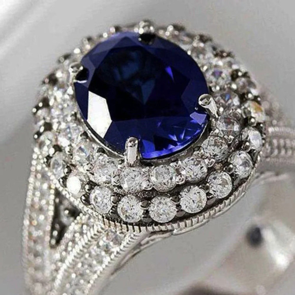 😍Silver Plated Royal Blue CZ Wedding/Engagement Ring for Women, K973 - Picture 2 of 3